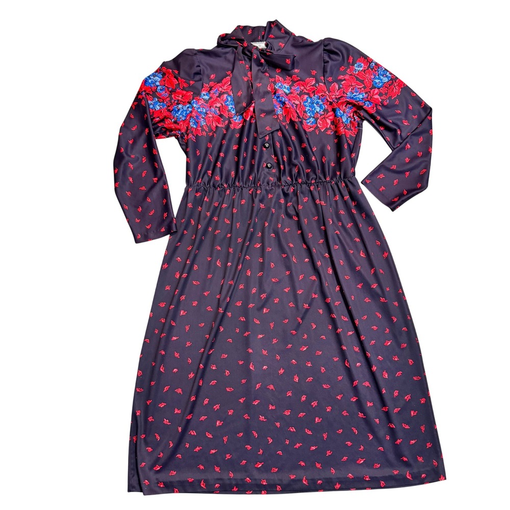 Vintage 70s Lucky Winner‎ Floral Print Long Sleeve Midi Dress Retro Medium M